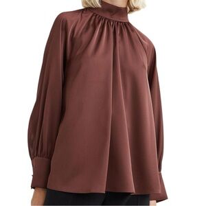 H&M S satin Brown Pleated Long Sleeve Blouse